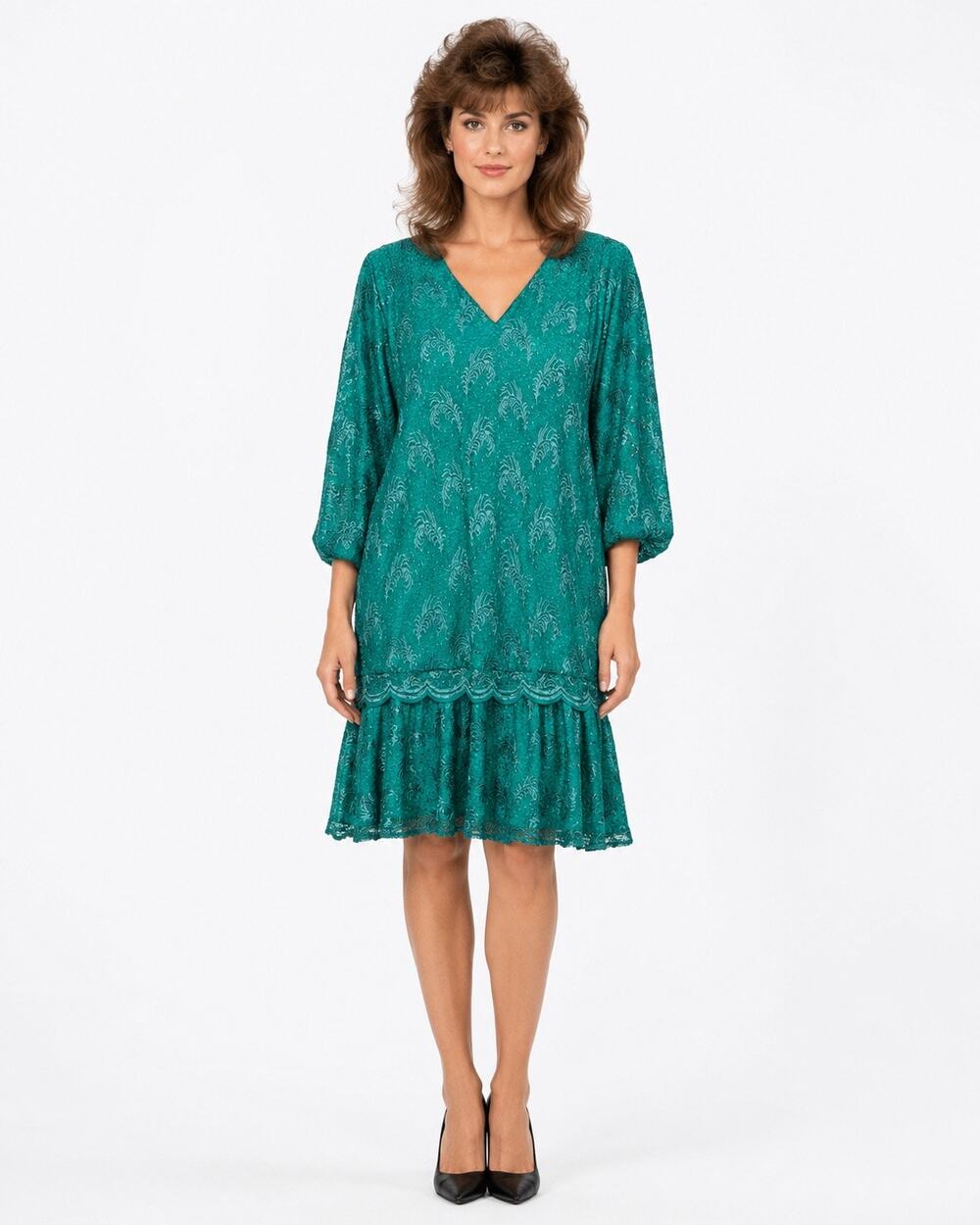 Vintage 1980s Siasia New York Teal Lace Drop Waist Dress Ruffel Hem USA Large